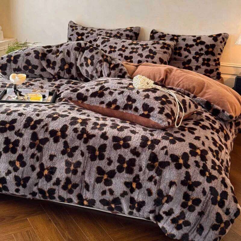 2025 new class A thickened imitation rabbit hair carved milk four-piece winter coffee color warm fleece quilt set H260312 - view 4