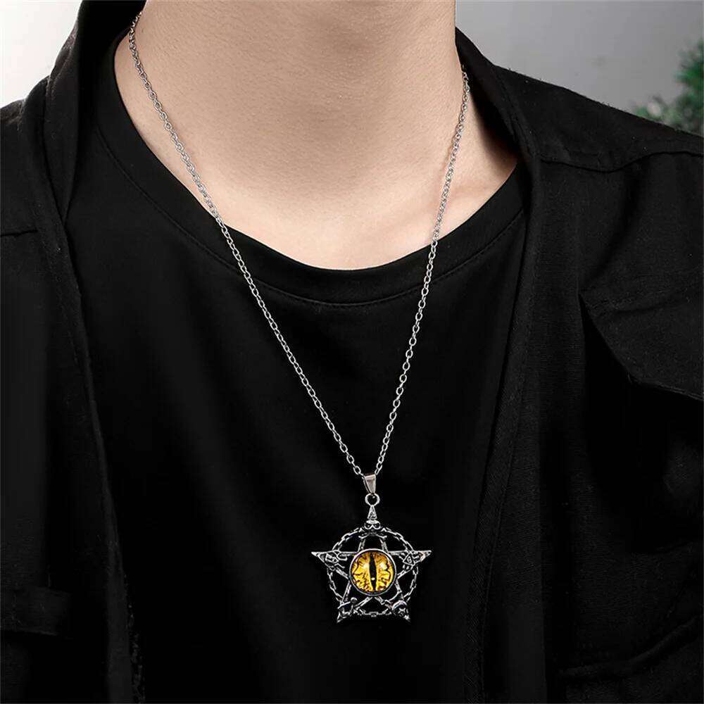 Pentagram shape Devil's Eye Pendant Necklace For Men And Women Punk Retro Non Adjustable Metal Collar Trending Jewelry Gifts H260312