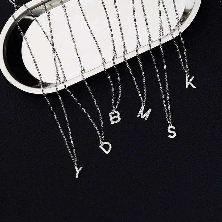 Silver Color Tiny A-Z 26 Alphabet Initial Letters Name Pendant Necklace With Full Shiny Zircon For Girls Best Gift S-N364 H260312