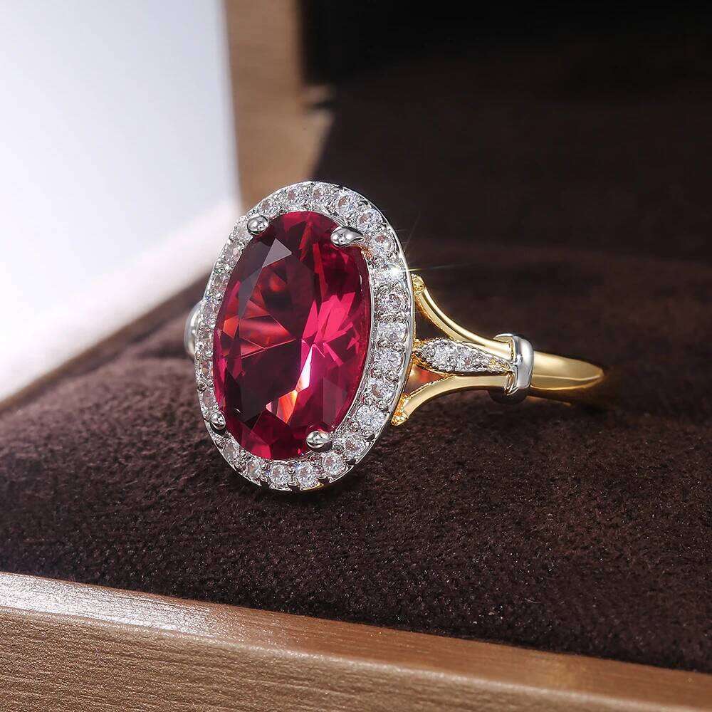 Huitan Big Oval Shaped Rose Red Cubic Zirconia Women Ladies Jewelry for Party Best Mother's Gift Brilliant CZ Rings H260312