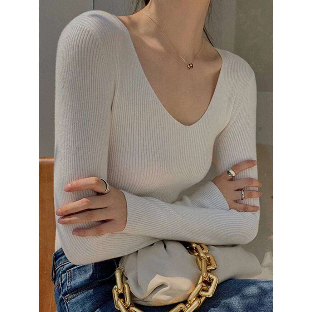Spring Autumn V Neck Women Sweater Casual Long Sleeve Slim-fit Tops Knitted Pullover Sweaters Femme Basic Solid Pull Clothes Z260314