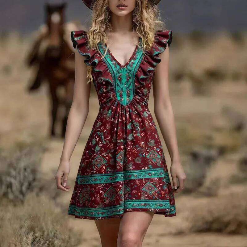 Ethnic Woman Clothes 2026 New Spring Elegant V Neck A-Line Party Dresses Summer Butterfly Sleeve Ruffle Print Mini Dress Vestido