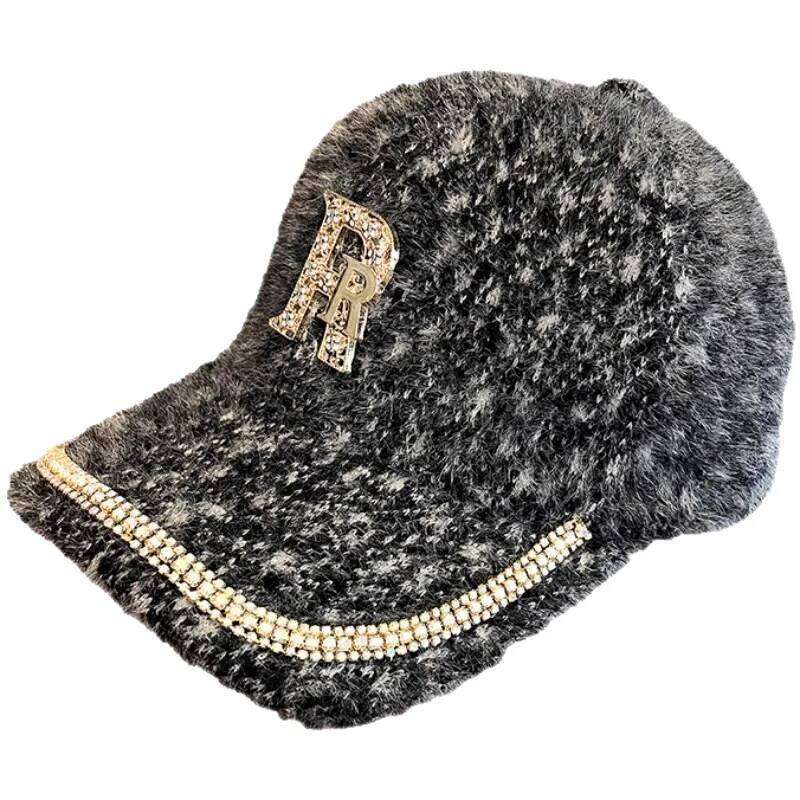 Rhinestone Alphabet Baseball Children Autumn and Winter Warm Hat Korean Version Fashion Versatile Mink Hair Cap Ins Z260314