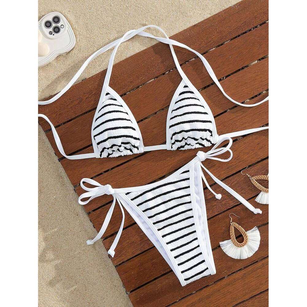 Swim Mod Women's Elegant Stripe Textured Halter Triangle Set, 2026 Animal Figure-Flattering High Cut Cheeky Two Pieces Swimwear With Self-Tie Str