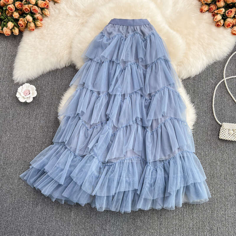 2026 Fashion Mesh Fluffy Cake Medium Long Elegant Elastic A13 Waist Asymmetric Gaul Skirt Fairy Style