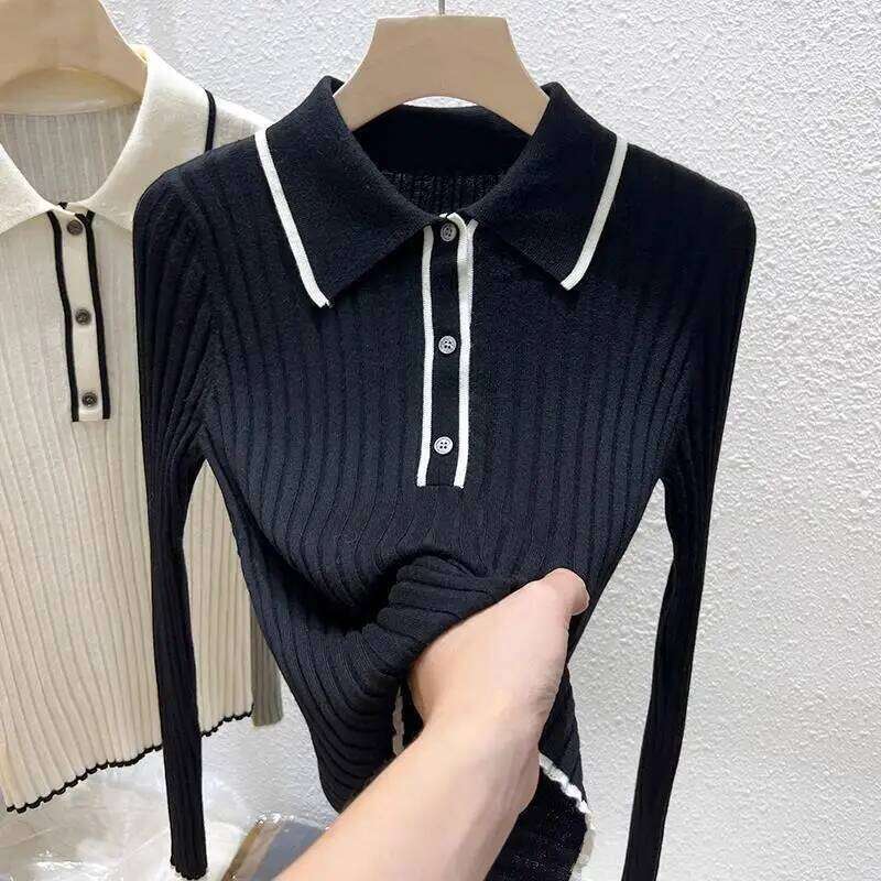 POLO Collar Knitted Base Shirt for Women's Tops New Early Autumn Lapel Inner Sweater Z260314