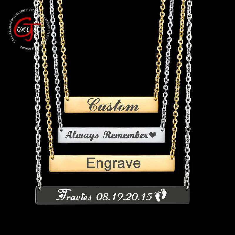 Goxijite Stainless Steel Engraving Square Bar Custom Name Pendant Necklace Gold 3 Colors Women Men Party Gift H260312
