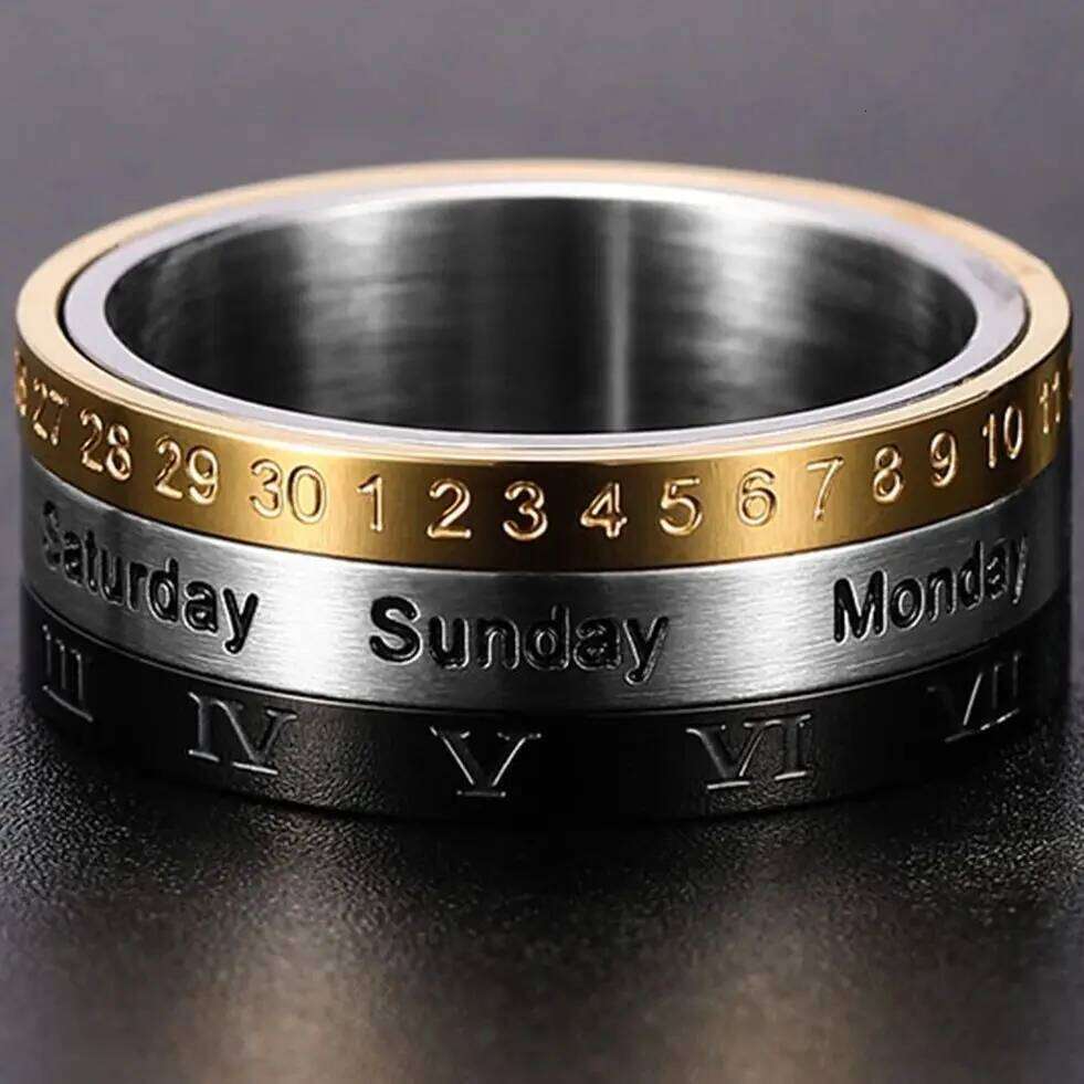 Male Finger Fashion Calendar Rotatable Anxiety Ring Men's Time Week Date Numerals Black Spinner Rings For Men Treatment Fidget H260312