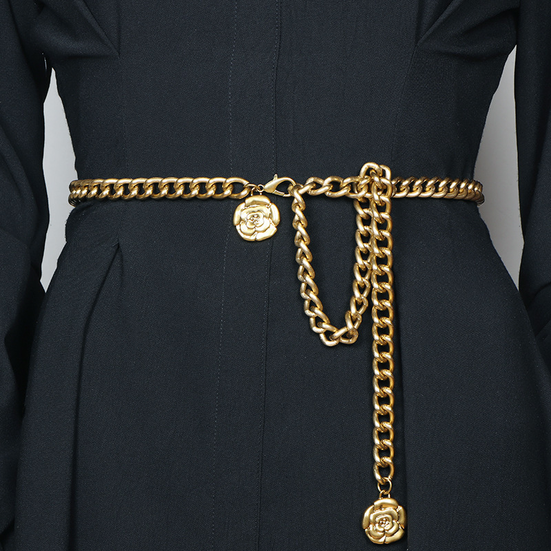 Designer Belt Women Belt Chain Vintage Gold Metal Chain Waist Belt Camellia Buckle Thin Decorative Belt for Dress Pants