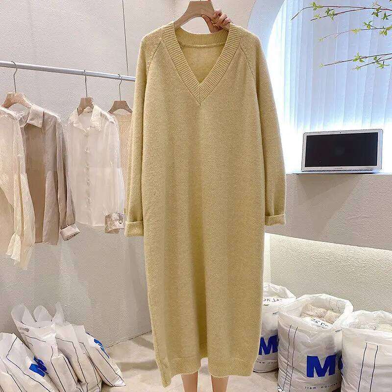 Size 10XL 150kg High Quality Sweater for Women Solid Color V Neck Pullover Thick Autumn and Winter Long Dress Z260313