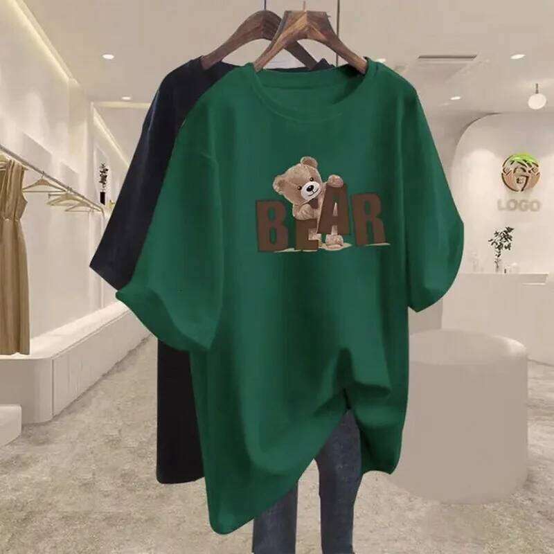 Summer Chic Letter Printing Bear T-shirt Women O-neck Short Sleeve Cotton Basic Top Tee Casual Loose Oversized Pullover 45-105Kg Z260314