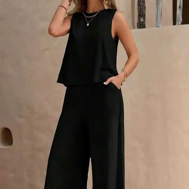 New Womens Sleeveless Vest And Trousers Two Piece Set Fashion Solid Color Two Piece Round Neck Top Pants Suit Casual Set M260313