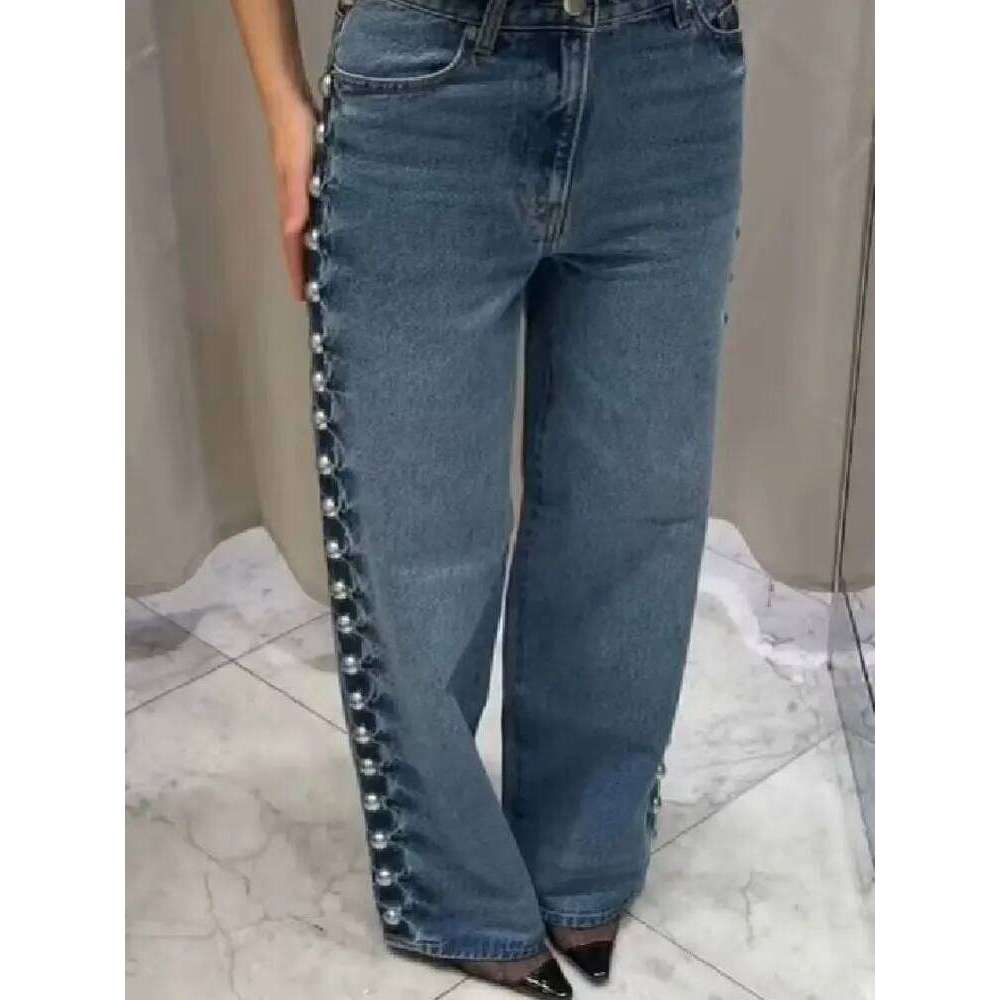 HH Street Fashion Straight With Metal Rivets High Waist Loose Wide-leg Jeans For Women Autumn Versatile Pants Vintage Bottom Z260313
