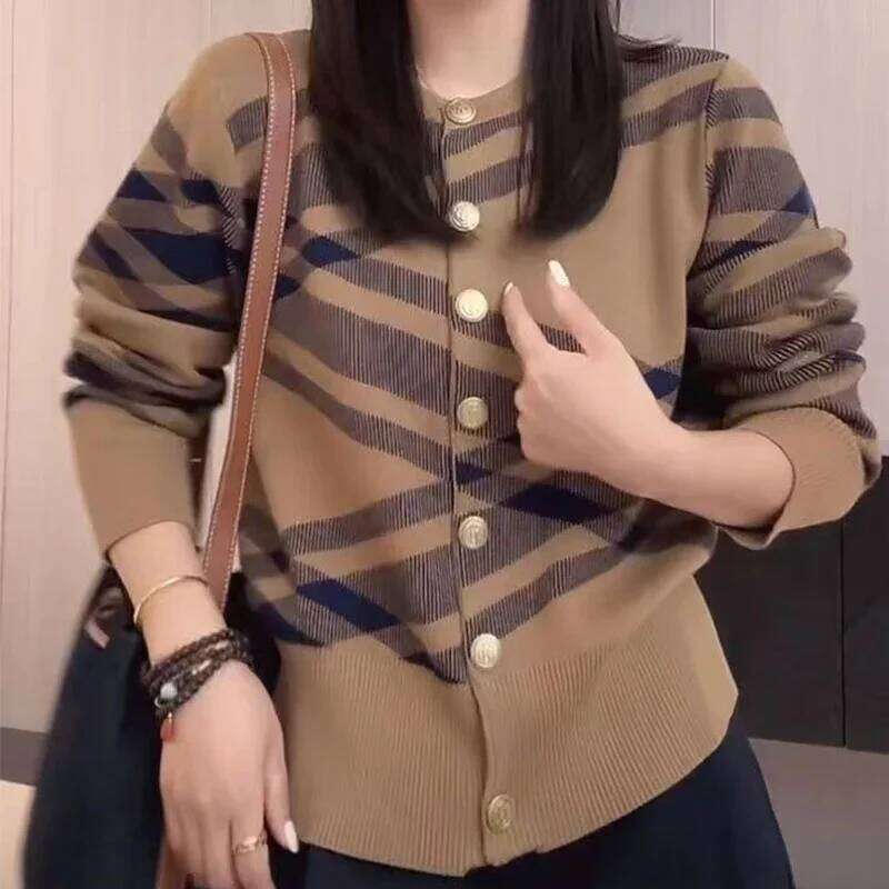 Ladies Vintage Knitting Cardigan Coat 2024 Autumn New Korean O-neck Top Tee Women Clothing Fashion Geometric Buttons Sweater Z260313