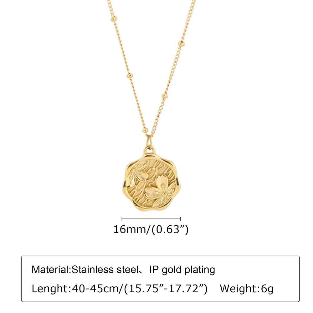 Coin Pendant Flower Necklace for Women,Satellite Chain Link, Stainless Steel 14k Gold Plated Jewelry Not Fade H260312