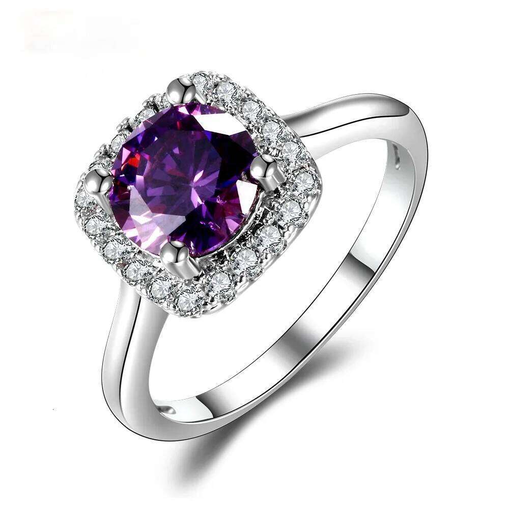 925 Sterling Silver Ring Purple Round 8MM Amethyst High Quality Square Diamond Sparkling Wedding Engagement Rings for Women H260312