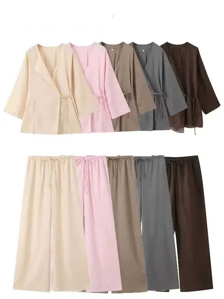2024 Woman Trouser Set Solid V Neck Casual Kimono Style Lace Up Shirt Top Elastic Waist Wild Womens Wide Leg Long Pant M260313