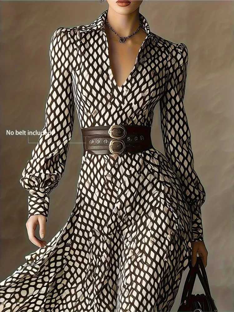 Lantern Long Sleeve Dress New Style Lapel Print Womens Long Sleeved Elegant Lapel Collar Dress Casual And Comfortable DressesT260314