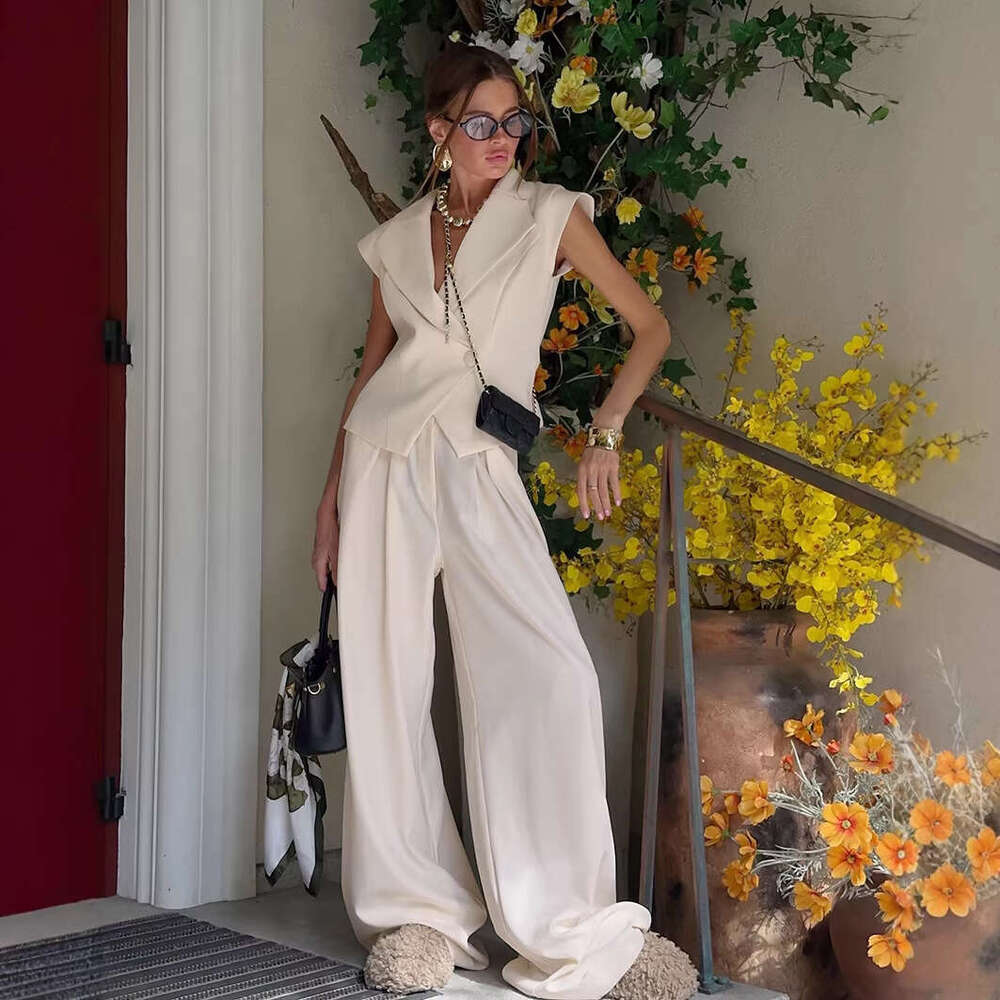 European American Cross Border Women S Clothing Khaki Suit Unique Design Unisex Sleeveless Blazer With Collar And Long Pants Two Piece Set MAKOUFEI