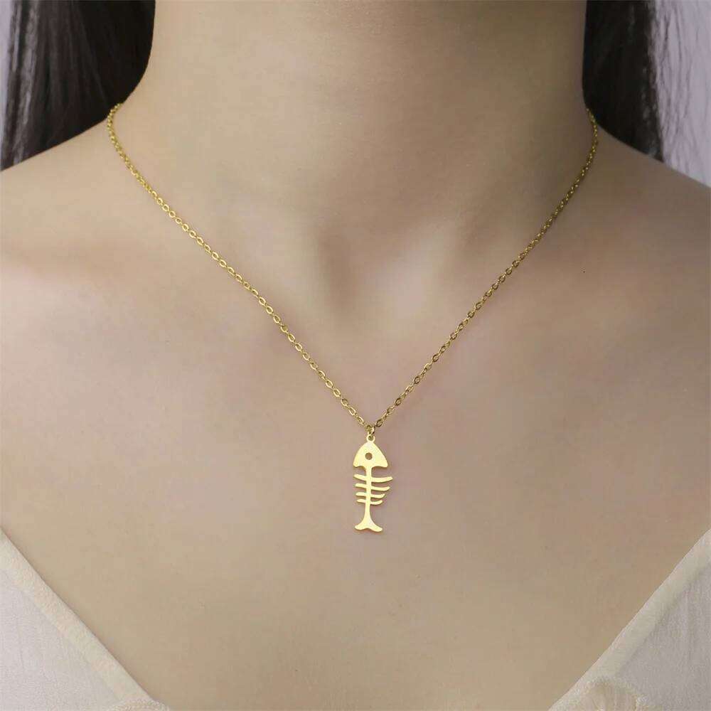My Shape Cat and Fish Bones Pendant Necklaces for Women Girls Kitten Animals Charms Neck Chain Choker Stainless Steel Jewelry H260312