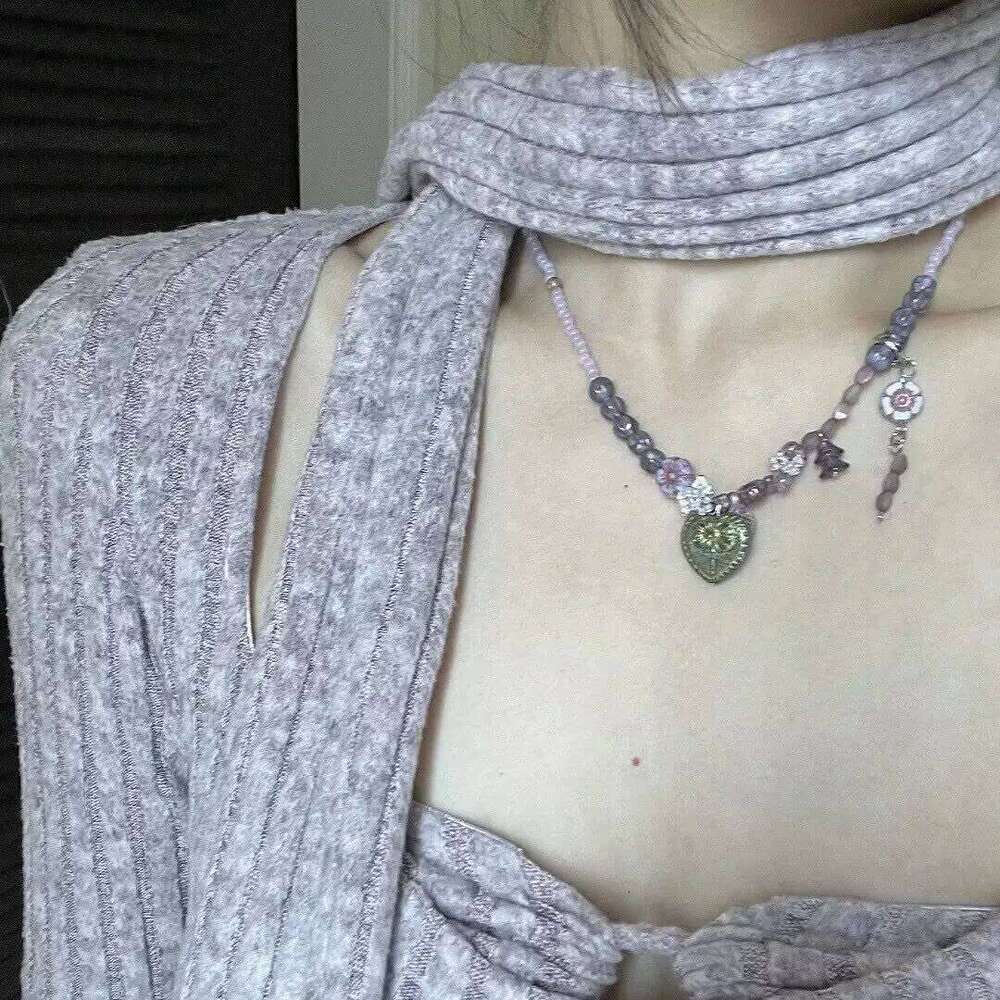 Kpop Y2K Heart Pendant Choker Colorful Necklace Clavicle Chain for Women Girl Sweet Aesthetic Jewelry Party H260312