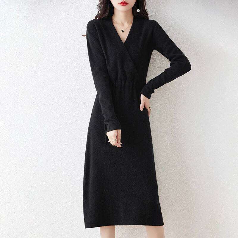 Autumn And Winter New 100% Pure Wool V-Neck Solid Color Lace-Up Long Cashmere Knit Bottoming Sweater Dress Z260313