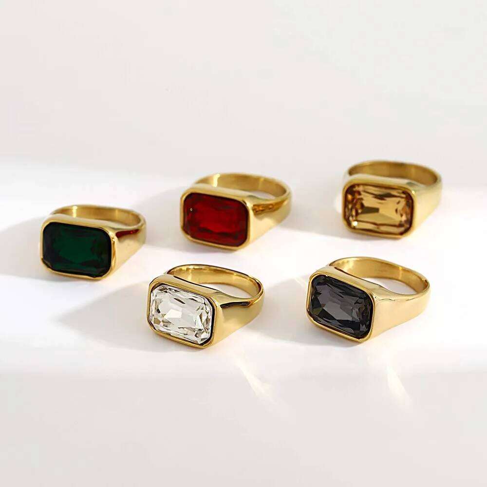 Freetry Fashion Inlaid Rhinestone Crystal Exquisite Geometric Stainless Steel Waterproof Gold Plated Ring Jewelry Gift H260312