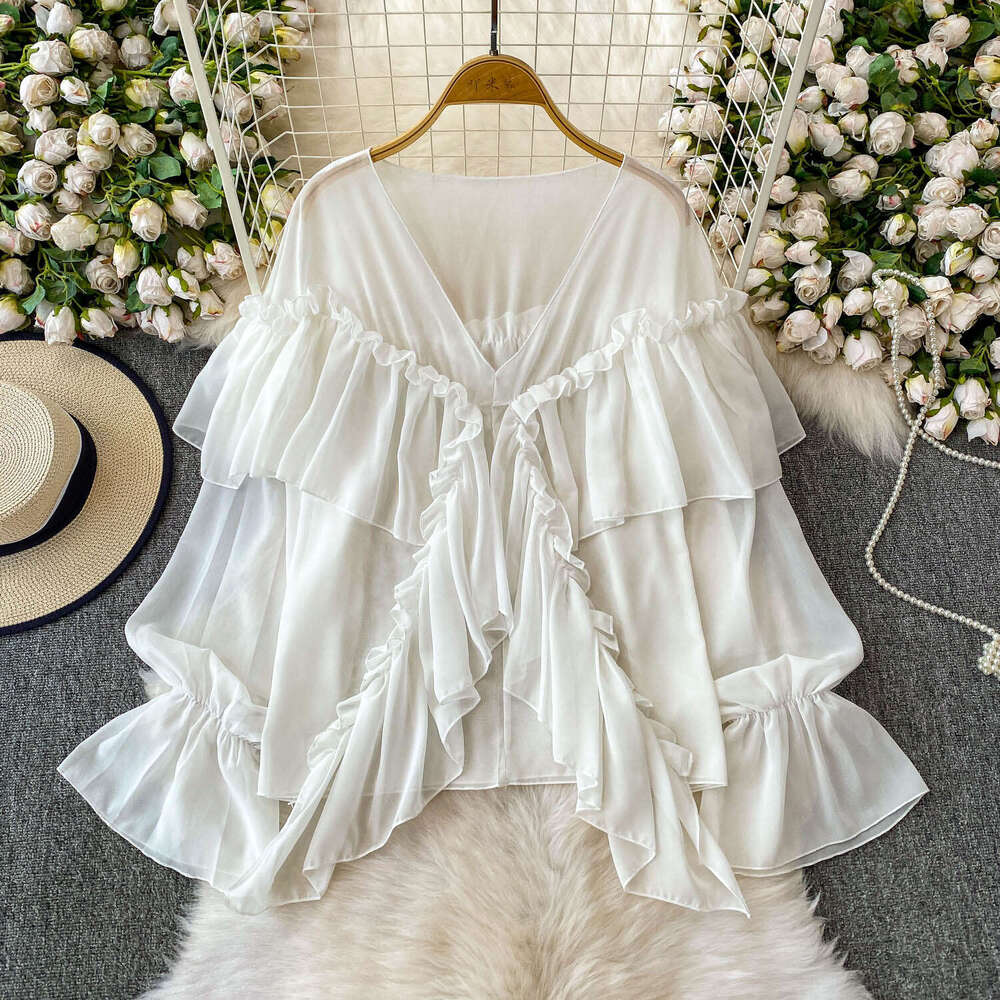 White V-neck bell shaped sleeve A15 sunscreen wrinkle resistant chiffon women's shirt 2026 summer elegant loose fit with ruffled details