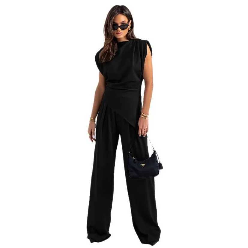 Summer Fashion Elegant Womens Slim-fit Suit Casual Asymmetrical Top And Wide-leg Pants Two-piece Womens Clothing M260313