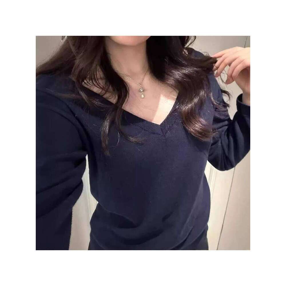 Solid V Neck Vintage Knitted Sweater Women Autumn Winter Cotton Long Sleeve Pullover Jumper Navy Simple Slim Streetwear Tops Y2k Z260313