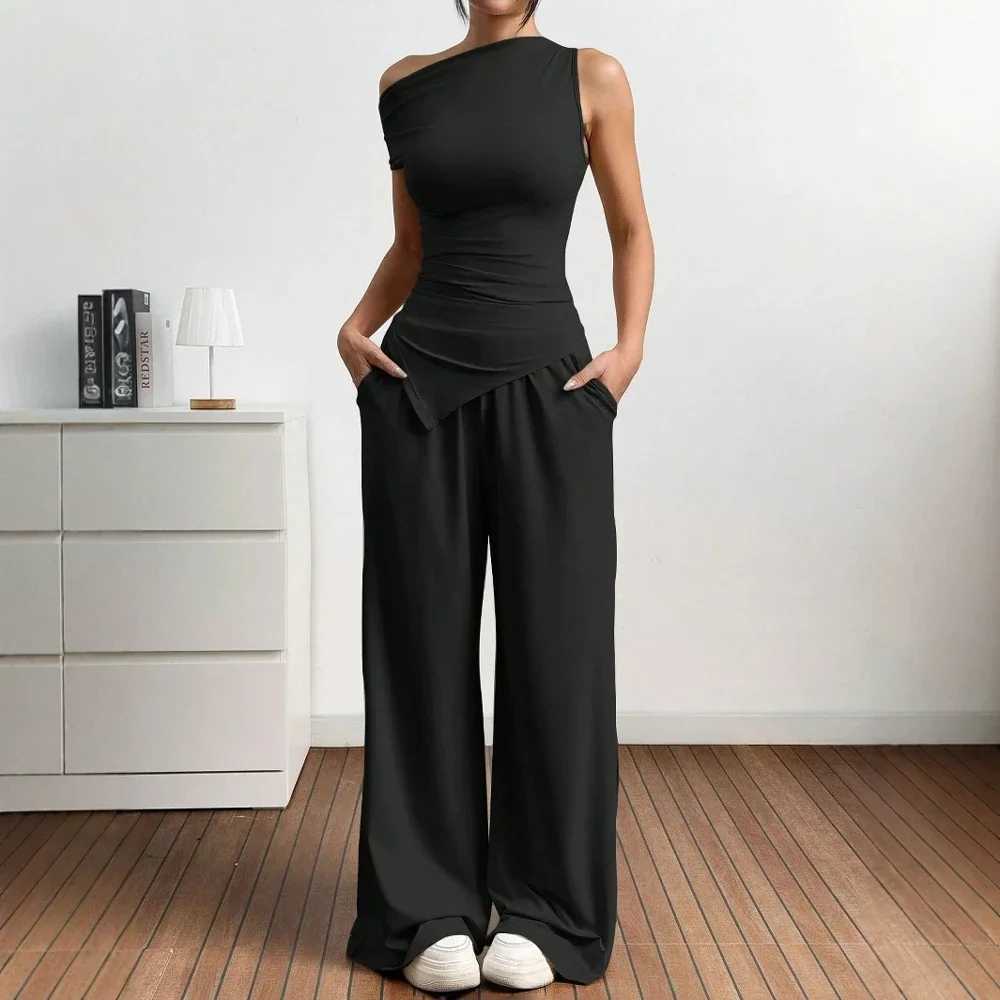 Sets Summer Casual Plain Asymmetrical Short Sleeve One-Shoulder T-Shirts Full Length Wide Leg Pants Sets For Women M260313