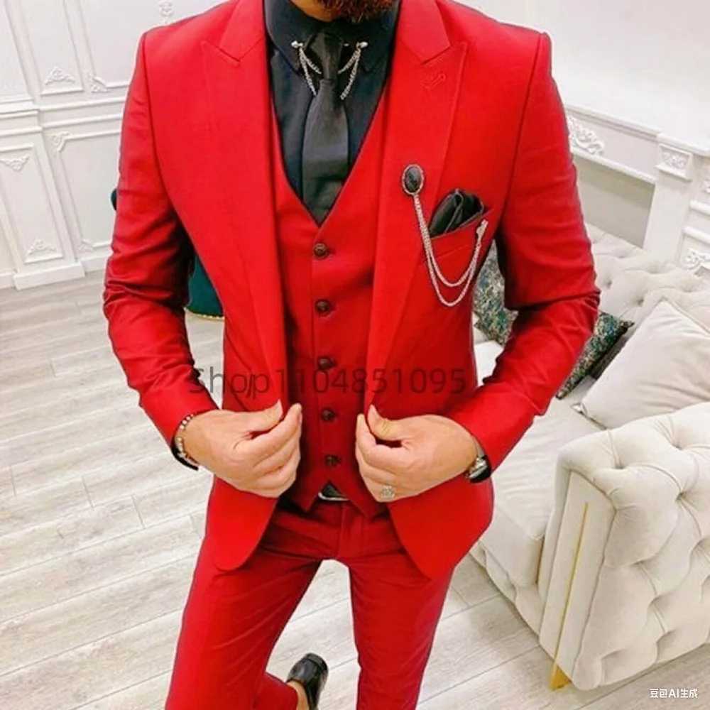 Elegant Wedding 3 Piece Mens Suit Set - Single Breasted PeAK Lapel JaCKet Pants VEST Business Male CloTHing M260313