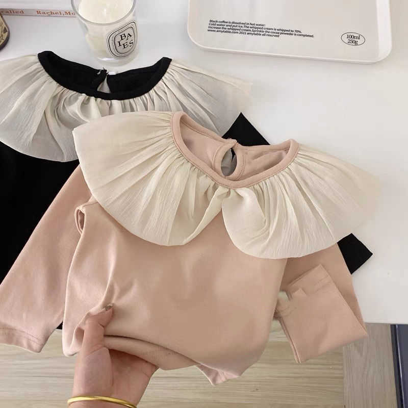 T-shirts Girls' Spring and Autumn Thin Long-Sleeve Sweet Princess Elastic Children's T-Shirt Top with Lace Collar Girls' Clothing