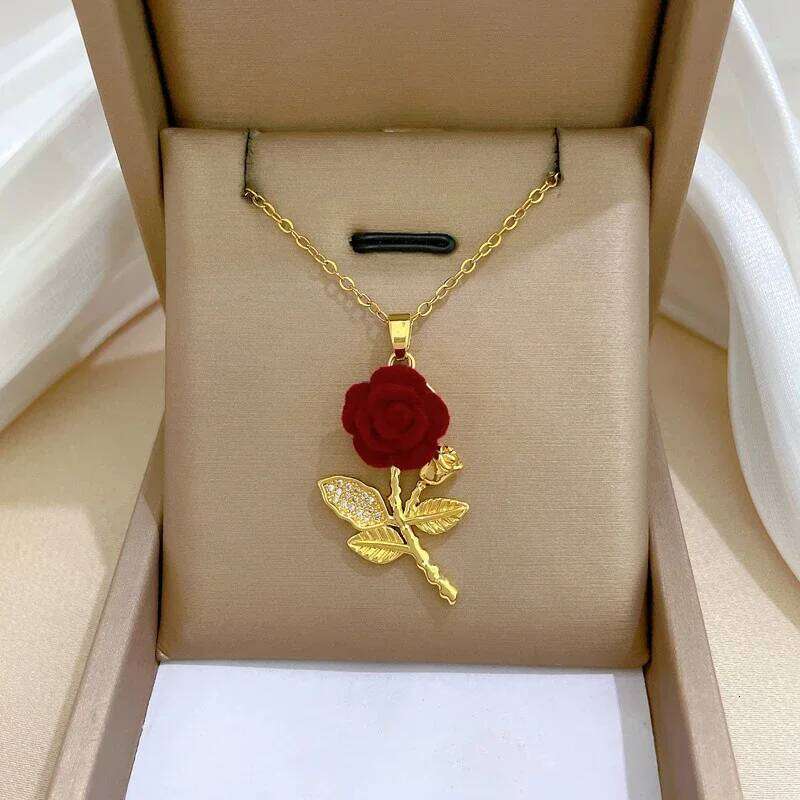Fashion Red Rose Flower Pendant Necklace for Women Girls Stainless Steel Chain Party Accessories Vintage Y2K Jewelry Gifts H260312