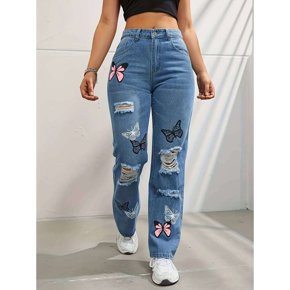 Butterfly Printing Denim Trousers Women Holes Jeans Straight Pants High Waist Loose Fit Vintage 2024 Casual Distressed Denims Z260313