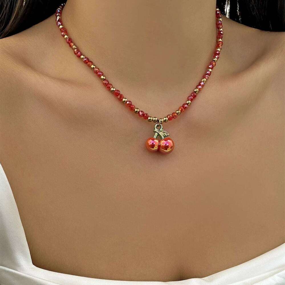Y2K Sweet Cherry Strawberry Pendant Necklace For Women Dainty Cute Fruit Bow Charms Clavicle Chain Fashion Jewelry Accessories H260312