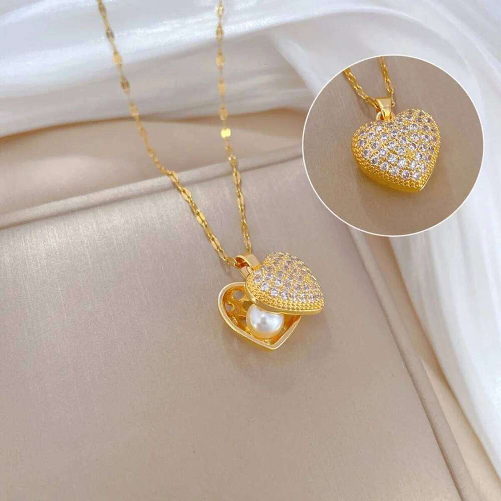 Exquisite Inlaid Zircon Openable Pendant Necklace For Women Men Stainless Steel Imitation Pearl Heart Choker Jewelry H260312
