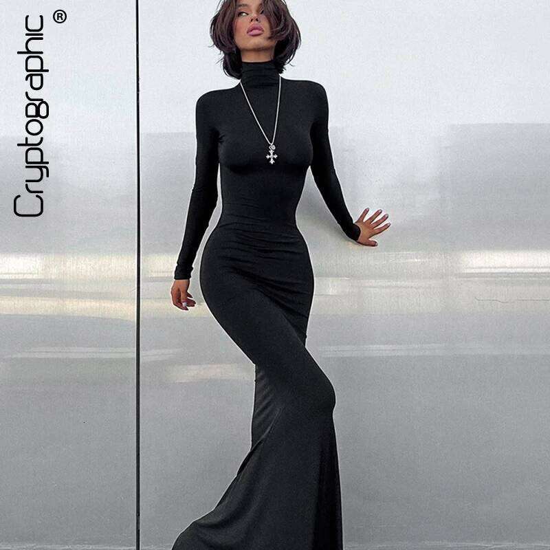 Cryptographic Fall Winter Turtleneck Elegant Long Sleeve Maxi Dress Outfits for Women Casual Fashion Bodycon Dresses Vestido Z260313