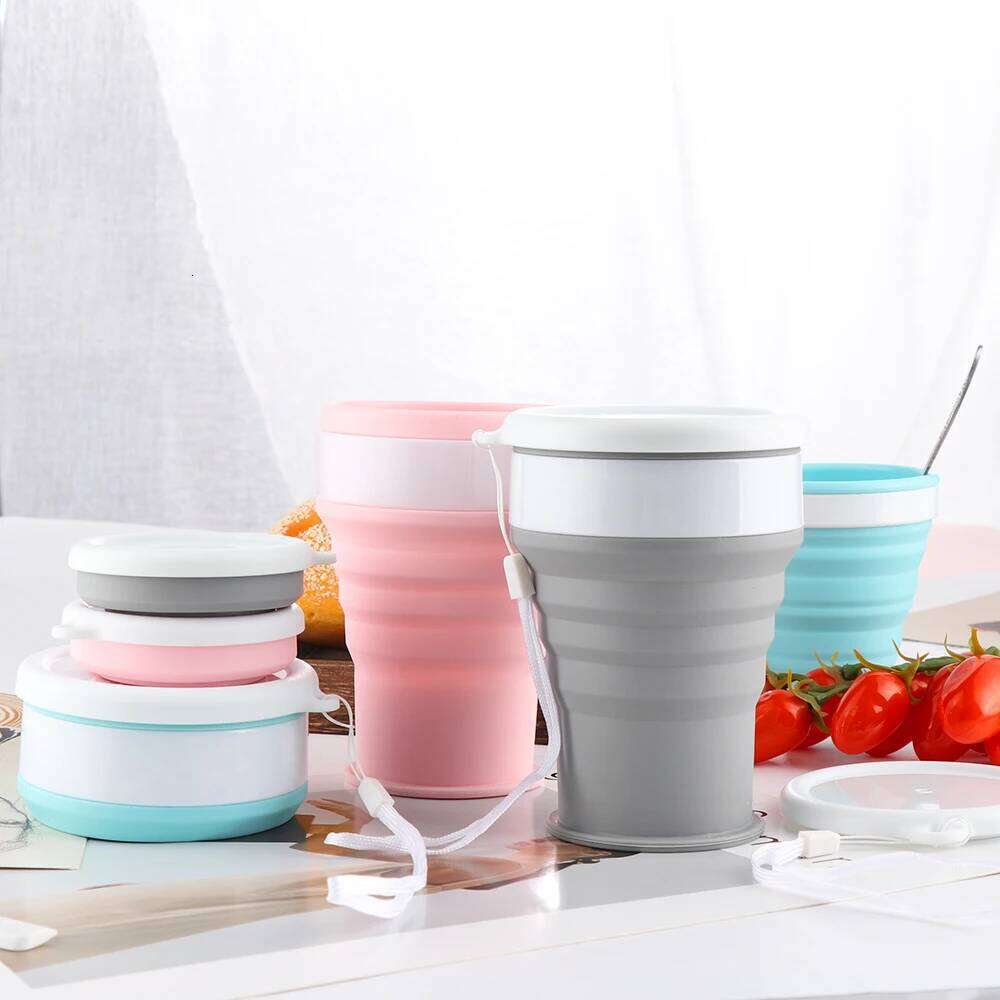 Portable Silicone Folding Water Cup Outdoor Heat Resistant Foldable Mug with Lid Collapsible Travel Drinking Cups for Camping Z260313