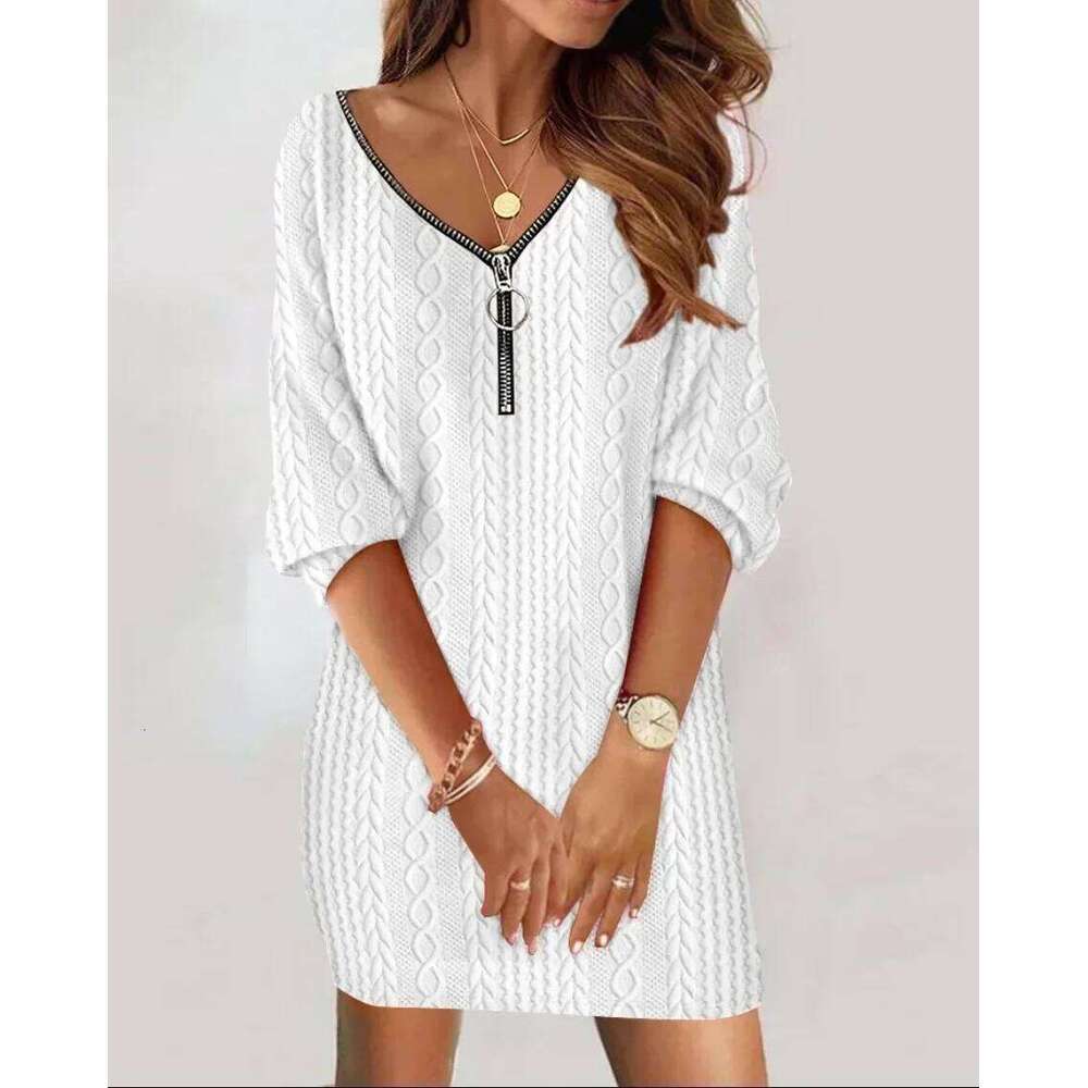Sexy Zipper Mini Dress Women Winter Autumn V Neck Long Sleeve Dresses Solid Color Casual Basic Robe Z260314