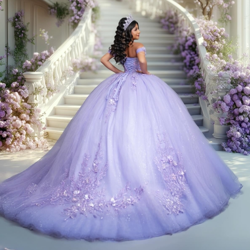 Lavender Shiny Ball Gown Quinceanera Dresses 2026 Applique Flower Beading Tull Off Shoulder Sweet 16 Dress Years Vestidos 15 De XV Anos