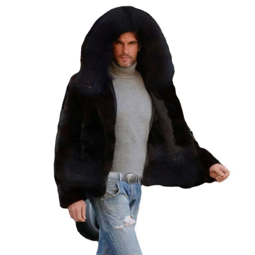 Men's Fox Autumn Winter Fashion Long Sleeve Warm Hooded Faux Fur Black Casual Men Jackets Cardigan Coat Z260313