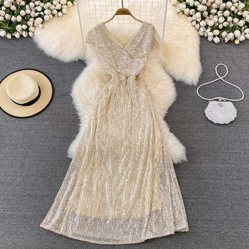 2026 a20 sequin evening gown elegant V-neck dress for hosting and performances, long party dress with high waist, slim fit and wide hem