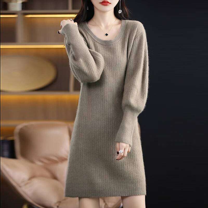 Autumn Winter 100% Mink Knit Long Skirt Women Scoop Neck Knee-length Dress Casual Warm Jumper Cashmere Base Shirt Top Z260313