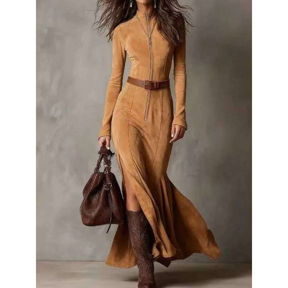 New Elegant Zipper Patchwork Maxi Women Autumn Long Sleeve Fashion Chic Party 2025 Sexy Slim Fit Ladies Lapel Dress Z260314