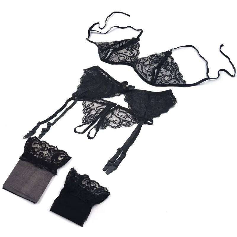 Lace Women Lingerie 4 Pcs Sling Open Sexy Wiht Garter Panties Push Up Bra Set Erotic Transparent Underwear Net Stockings