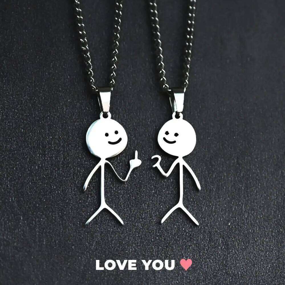 2025 Funny Middle Finger Stickman Necklace For Women Men Trend Titanium Steel Heart Pendant Chain Jewelry Couple Party Gift H260312