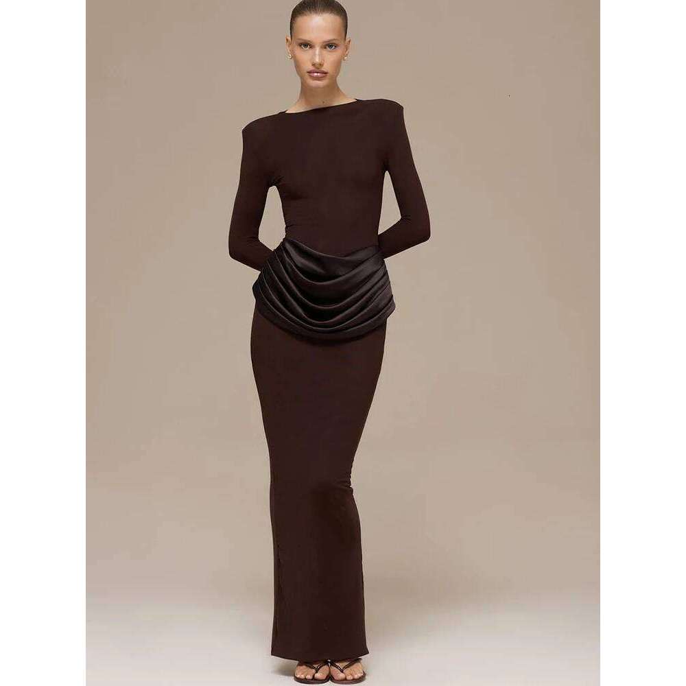JULISSA MO Long Sleeve Round Neck Women Maxi Coffee Patchwork Satin Slit Autumn Winter Slim Elegant Party Club Dress Z260313