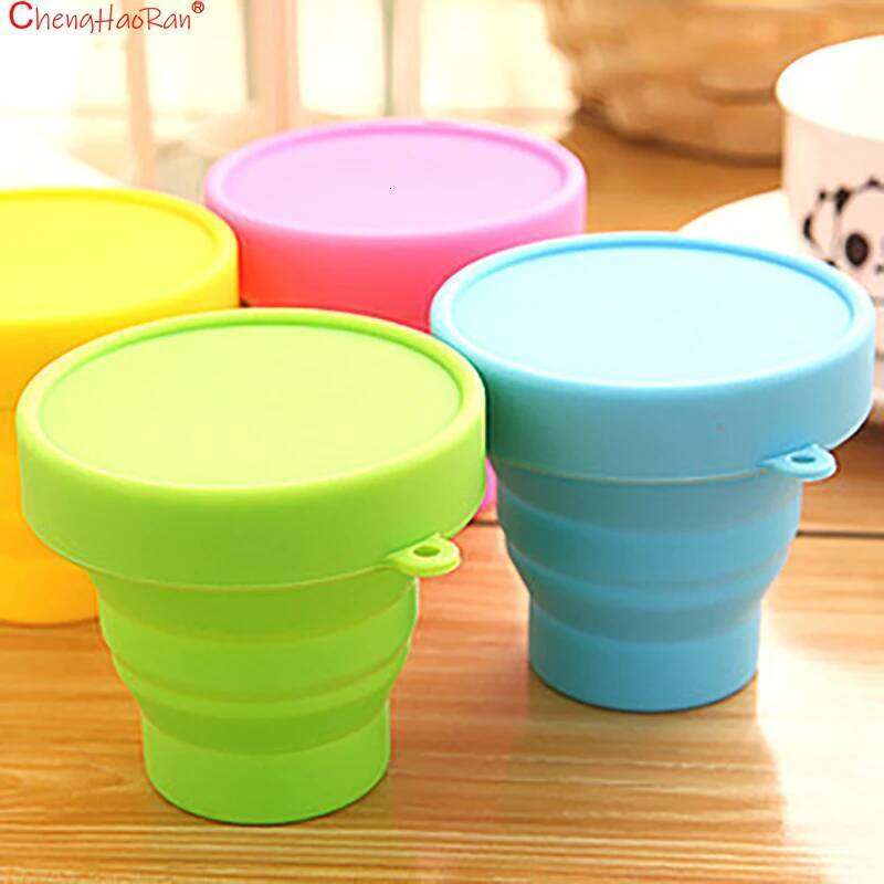 4PCS/LOT Silicone Folding Food grade High Temperature Resistant Candy Color Outdoor Sports Stretch Rinsing Cup with Lid Z260314