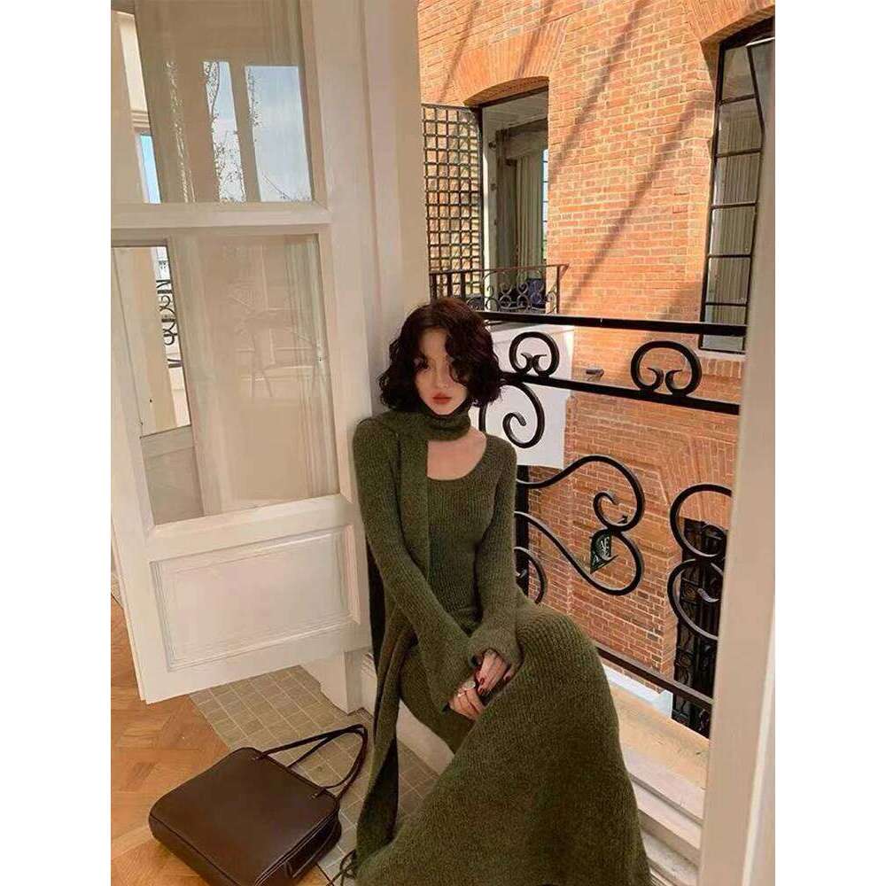 Vintage Knitted Midi Y2K Autumn Slim with Scarf Long Sleeve Dress Korean Streetwear Chic All Match Female Vestidos Z260314